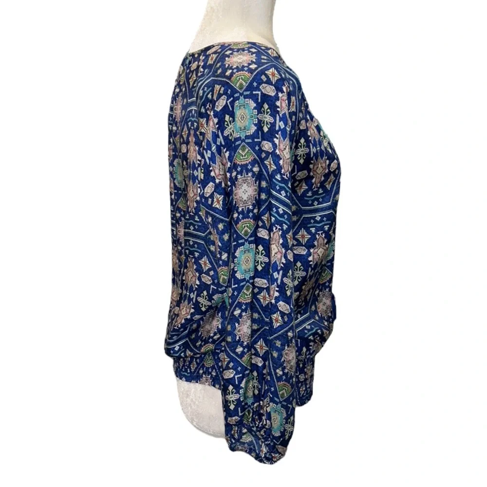 Anthropologie Ecru Weaver Kilim Royal Cobalt Blue Silk Tie Neck Tassel Blouse M